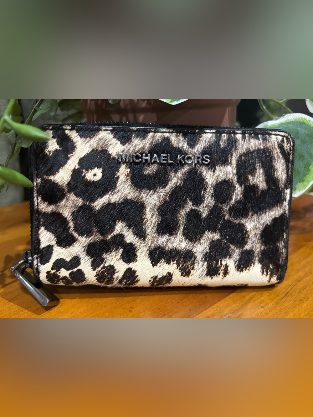 Michael Kors Jet Set Leopard Calf Hair Zip Around Card Case Wallet